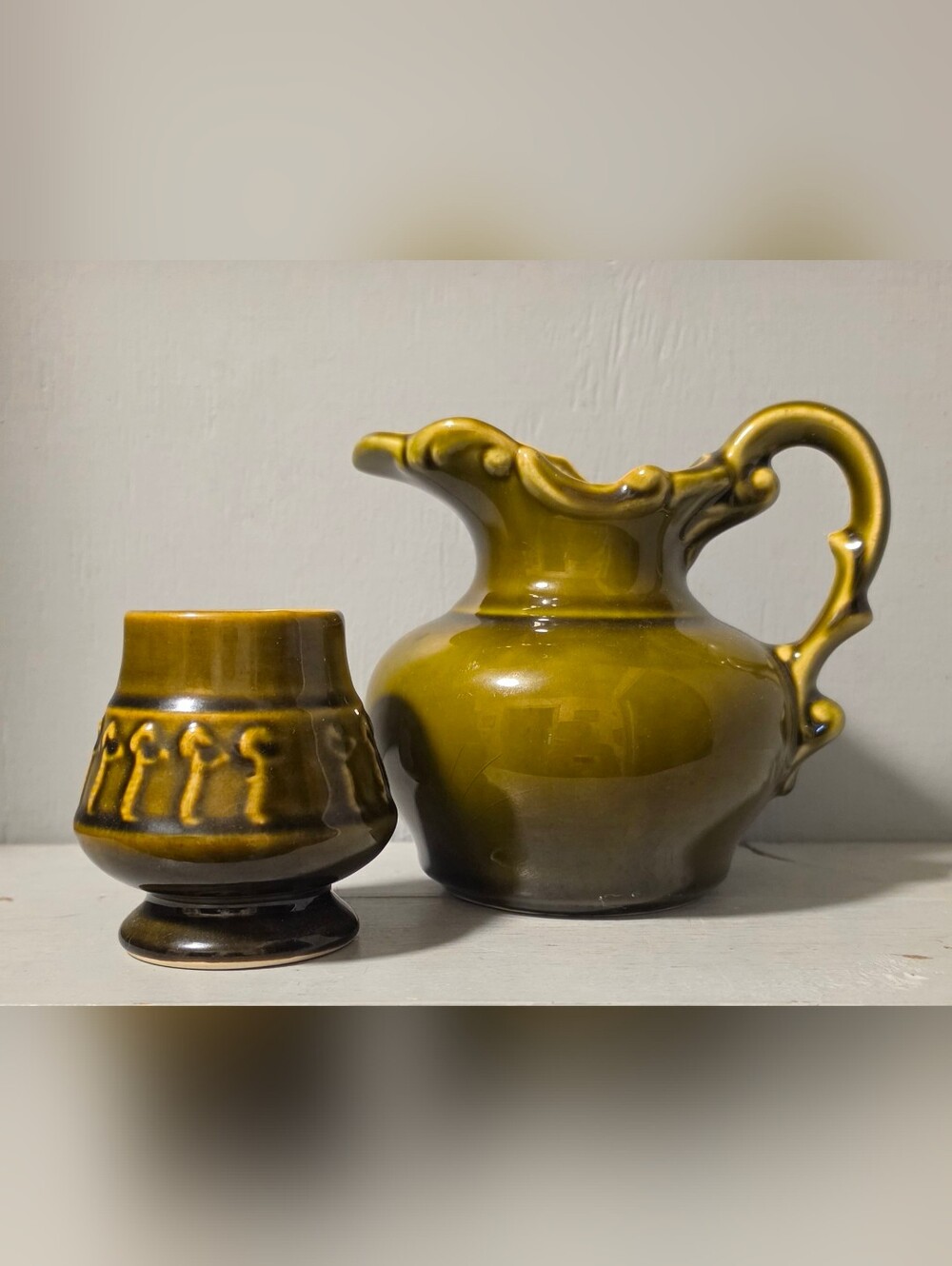 Olive Green Ceramic Pitcher and Vase Set